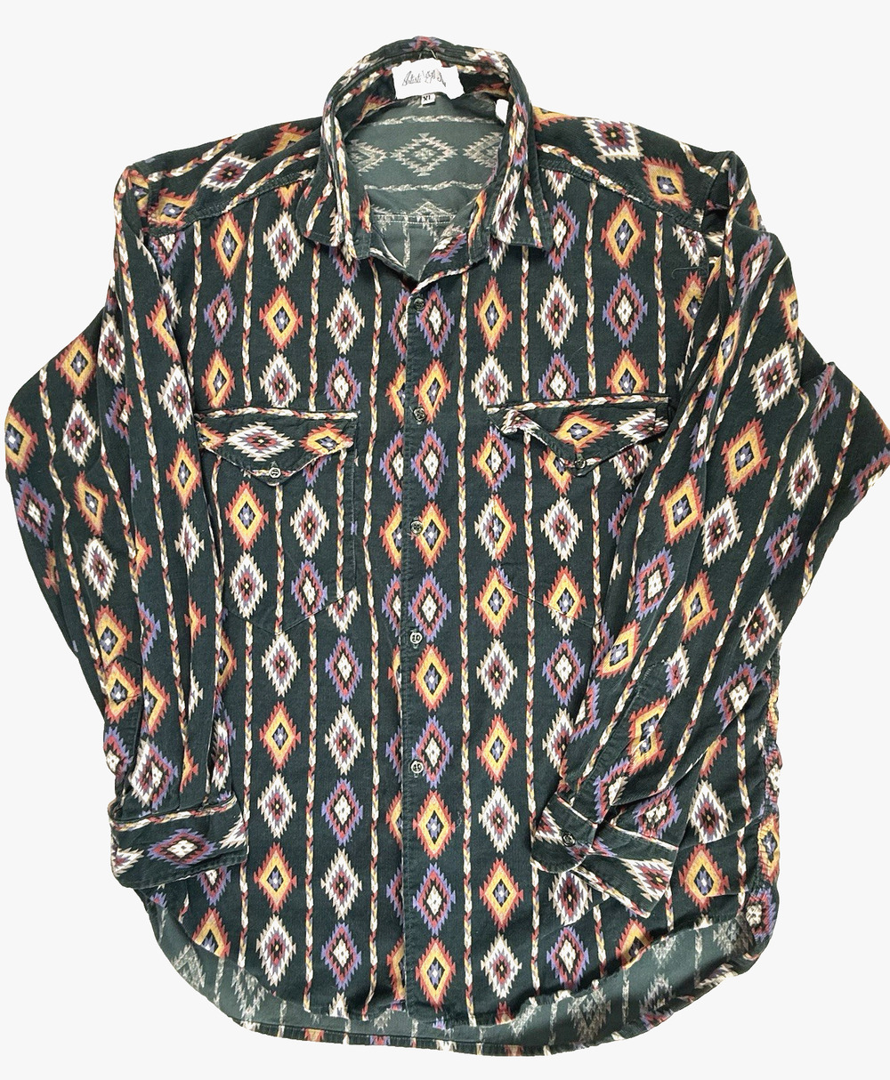 Vtg 90s Artiste Italiani XL pincord shirt southwestern jacquard pattern green